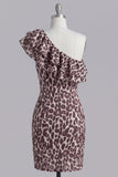 One Shoulder Coffee Leopard Ruffled Bodycon Cocktail Dress with Slit