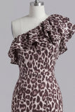 One Shoulder Coffee Leopard Ruffled Bodycon Cocktail Dress with Slit