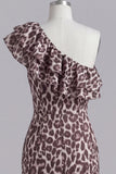 One Shoulder Coffee Leopard Ruffled Bodycon Cocktail Dress with Slit