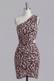 Coffee Leopard Bodycon One Shoulder Cut Out Cocktail Dress