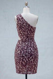 Coffee Leopard Bodycon One Shoulder Cut Out Cocktail Dress