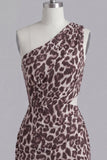 Coffee Leopard Bodycon One Shoulder Cut Out Cocktail Dress