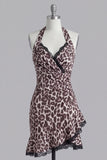 Halter Coffee Leopard Bodycon Short Cocktail Dress with Ruffles