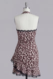 Halter Coffee Leopard Bodycon Short Cocktail Dress with Ruffles