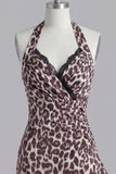 Halter Coffee Leopard Bodycon Short Cocktail Dress with Ruffles