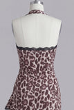 Halter Coffee Leopard Bodycon Short Cocktail Dress with Ruffles