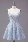 Sparkly Blue A Line Spaghetti Straps Sequin Cocktail Dress with 3D Flowers