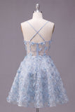 Sparkly Blue A Line Spaghetti Straps Sequin Cocktail Dress with 3D Flowers