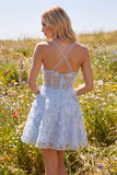 Sparkly Blue A Line Spaghetti Straps Sequin Cocktail Dress with 3D Flowers
