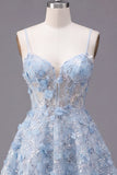 Sparkly Blue A Line Spaghetti Straps Sequin Cocktail Dress with 3D Flowers