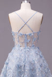 Sparkly Blue A Line Spaghetti Straps Sequin Cocktail Dress with 3D Flowers
