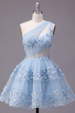 One Shoulder Blue Sheer Corset A Line Cut Out Cocktail Dress with 3D Flowers