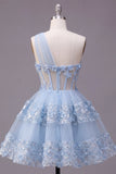 One Shoulder Blue Sheer Corset A Line Cut Out Cocktail Dress with 3D Flowers