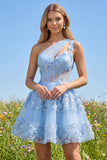 One Shoulder Blue Sheer Corset A Line Cut Out Cocktail Dress with 3D Flowers