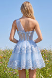 One Shoulder Blue Sheer Corset A Line Cut Out Cocktail Dress with 3D Flowers