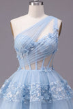 One Shoulder Blue Sheer Corset A Line Cut Out Cocktail Dress with 3D Flowers