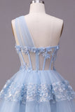 One Shoulder Blue Sheer Corset A Line Cut Out Cocktail Dress with 3D Flowers