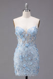 Blue Strapless Sheer Corset Tight 3D Flowers Cocktail Dress with Sequins