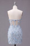 Blue Strapless Sheer Corset Tight 3D Flowers Cocktail Dress with Sequins