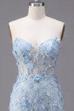 Blue Strapless Sheer Corset Tight 3D Flowers Cocktail Dress with Sequins