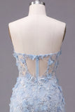 Blue Strapless Sheer Corset Tight 3D Flowers Cocktail Dress with Sequins