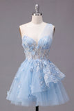 Blue A Line Sheer One Shoulder 3D Flowera Short Cocktail Dress with Ruffles