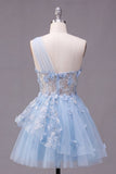 Blue A Line Sheer One Shoulder 3D Flowera Short Cocktail Dress with Ruffles