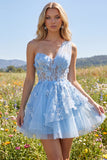 Blue A Line Sheer One Shoulder 3D Flowera Short Cocktail Dress with Ruffles
