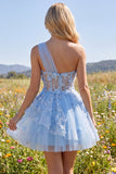 Blue A Line Sheer One Shoulder 3D Flowera Short Cocktail Dress with Ruffles