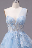 Blue A Line Sheer One Shoulder 3D Flowera Short Cocktail Dress with Ruffles