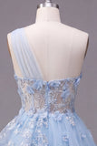 Blue A Line Sheer One Shoulder 3D Flowera Short Cocktail Dress with Ruffles