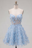 Strapless Blue Sheer Corset A Line Short Cocktail Dress with 3D Flowers