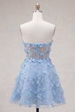 Strapless Blue Sheer Corset A Line Short Cocktail Dress with 3D Flowers