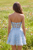 Strapless Blue Sheer Corset A Line Short Cocktail Dress with 3D Flowers