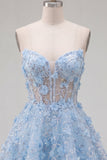 Strapless Blue Sheer Corset A Line Short Cocktail Dress with 3D Flowers