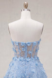 Strapless Blue Sheer Corset A Line Short Cocktail Dress with 3D Flowers