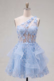 Blue One Shoulder Ruffled A Line Sheer Corset Cocktail Dress with 3D Flowers