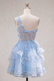Blue One Shoulder Ruffled A Line Sheer Corset Cocktail Dress with 3D Flowers
