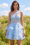 Blue One Shoulder Ruffled A Line Sheer Corset Cocktail Dress with 3D Flowers