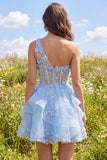 Blue One Shoulder Ruffled A Line Sheer Corset Cocktail Dress with 3D Flowers