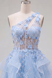 Blue One Shoulder Ruffled A Line Sheer Corset Cocktail Dress with 3D Flowers