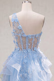 Blue One Shoulder Ruffled A Line Sheer Corset Cocktail Dress with 3D Flowers
