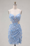 Blue Bodycon Cut Out 3D Flowers Short Cocktail Dress with Slit