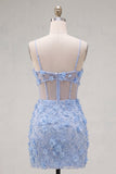 Blue Bodycon Cut Out 3D Flowers Short Cocktail Dress with Slit