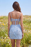 Blue Bodycon Cut Out 3D Flowers Short Cocktail Dress with Slit