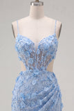 Blue Bodycon Cut Out 3D Flowers Short Cocktail Dress with Slit
