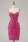Sweetheart Fuchsia 3D Flowers Bodycon Short Corset Cocktail Dress