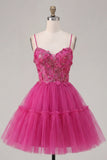 Fuchsia A Line Spaghetti Straps Short Cocktail Dress with 3D Flowers