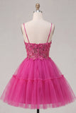Fuchsia A Line Spaghetti Straps Short Cocktail Dress with 3D Flowers