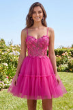 Fuchsia A Line Spaghetti Straps Short Cocktail Dress with 3D Flowers